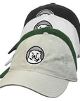Four baseball caps with a bear logo on a white background