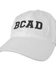 White ball cap with black BCAD embroidery