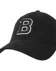 Black cap with a white 'B' logo on a white background