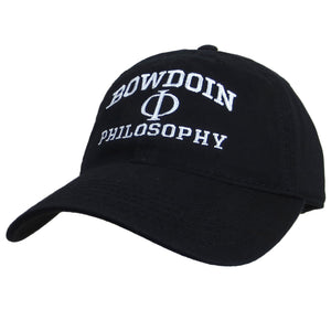 Black ball cap with white embroidery of BOWDOIN arched over Greek letter phi over PHILOSOPHY
