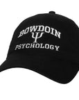 Black ball cap with white embroidery of BOWDOIN over a greek PSI character over the word PSYCHOLOGY