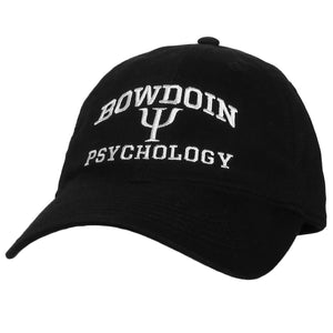 Black ball cap with white embroidery of BOWDOIN over a greek PSI character over the word PSYCHOLOGY