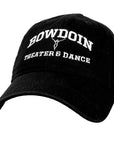 Black ball cap with white embroidery of BOWDOIN arched over a stylized human figure over THEATER & DANCE