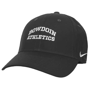 Dark grey hat with white embroidered BOWDOIN arched over ATHLETICS. Embroidered Nike Swoosh on side of hat.