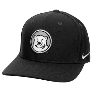 Anthracite grey hat with mascot medallion embroidery and Nike Swoosh in white on left side.