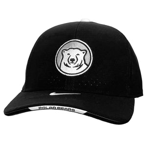 Black ball cap with white button on top. Embroidered mascot medallion decoration on front, white embroidered Nike swoosh on bill top, and white patch on brim edge with POLAR BEARS embroidered in black.