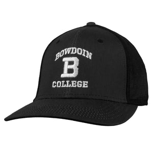 Black mesh trucker hat with white embroidery of BOWDOIN arched over B over COLLEGE.