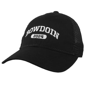 Black mesh-back trucker hat with white embroidery of BOWDOIN arched over a white cartouche with black numbers2024.