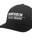 Trucker hat with black front and black mesh back. White embroidery of BOWDOIN over a silver line over POLAR BEARS, also in white.