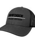 Trucker hat with charcoal front and black mesh back. Black embroidery of BOWDOIN over a silver line over POLAR BEARS, also in black.
