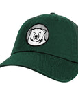 Hunter green cap with a bear logo on a white background