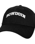 A black baseball cap featuring 'BOWDOIN' embroidered in white arched letters on the front and a white Nike swoosh on the side, set against a plain white background.