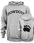 Front and back view of grey Bowdoin hoodie with paw print on back.