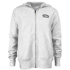 Silver grey heather full-zip hooded sweatshirt with embroidered decoration of BOWDOIN arched over COLLEGE on left chest.