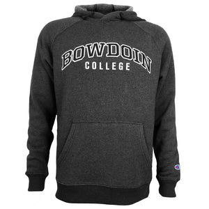 Black heather hooded sweatshirt with black and white arched BOWDOIN applique over smaller sans-serif white COLLEGE applique.