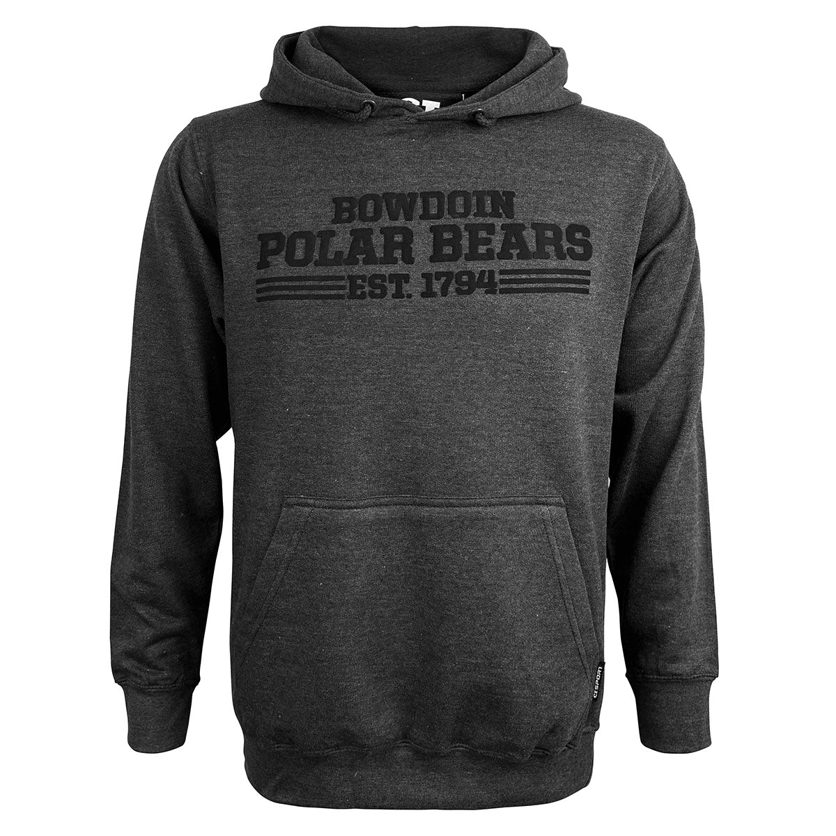 Dark gray hoodie with black 'Bowdoin Polar Bears Est. 1794' text on a white background