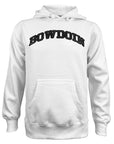 White hoodie with 'BOWDOIN' text on a white background