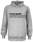 A heather gray pullover hoodie featuring 'POLAR BEARS BOWDOIN' printed in black varsity-style block letters across the chest, alongside a white polar bear head logo inside a circle. The hoodie is displayed on a clean white background.