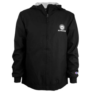 Black full-zip jacket with hood, grey fleece lining, and embroidered mascot medallion over BOWDOIN on left chest.