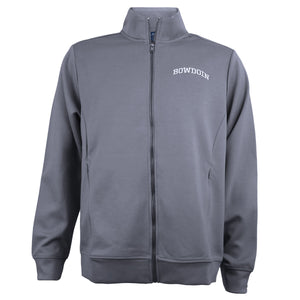 Grey zip up jacket with light grey arched BOWDOIN embroidery on left chest.