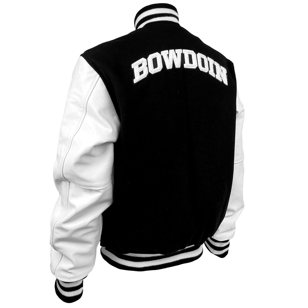 Back of varsity jacket showing arched white BOWDOIN applique on upper back.