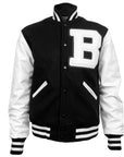 Classic varsity jacket with black body and large applique white B on left chest. White sleeves and pocket trim, black and white ribbed cuffs, collar, and hem.