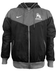 A black and gray Nike full-zip hooded jacket with a white swoosh on the right chest and a white Bowdoin polar bear logo with 'BOWDOIN' text on the left chest, shown on a plain white background.