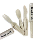 Set of eco-friendly cutlery with 'Bowdoin' branding on a white background