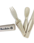Unpacked set of biodegradable cutlery with a carrying case labeled 'Bowdoin' on a white background