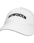 A white baseball cap with 'BOWDOIN' embroidered in black arched block letters across the front, shown against a plain white background.