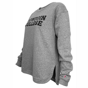 Side view of women's Victory Springs heather grey crew sweatshirt showing dropped shirttail hem.