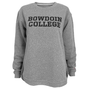 Front view of heather grey women's Victory Springs crew sweatshirt with black chest imprint of BOWDOIN over COLLEGE.