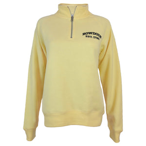 Women's 1/4 zip pullover in butter yellow with black imprint on left chest of BOWDOIN arched over EST 1794