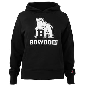 Women's black hooded sweatshirt with front pouch pocket and white chest imprint of polar bear mascot over BOWDOIN.