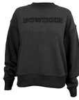 Women's heather black crewneck sweatshirt with raised outline embroidery of BOWDOIN in the same color.