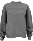 Women's heather grey crewneck sweatshirt with raised outline embroidery of BOWDOIN in the same color.