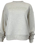 Women's heather pebblestone oat color crewneck sweatshirt with raised outline embroidery of BOWDOIN in the same color.
