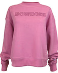 Women's heather mauve pink crewneck sweatshirt with raised outline embroidery of BOWDOIN in the same color.
