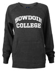 Women's long sleeved crewneck sweatshirt with front pouch pocket and white BOWDOIN arched over COLLEGE chest imprint in charcoal heather.