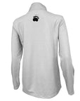 Back of women's light grey heather 1/4-zip pullover shirt with small black paw print on high upper back.