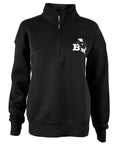 Black 1/4-zip pullover sweatshirt with left chest imprint of a cartoon polar bear wearing a black sweater with a B on the chest leaning on a large black letter B.
