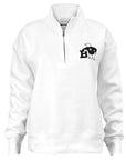 White 1/4-zip pullover sweatshirt with left chest imprint of a cartoon polar bear wearing a black sweater with a B on the chest leaning on a large black letter B.