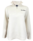 Cream white 1/4-zip textured fleece pullover with black Bowdoin wordmark embroidered on left chest.