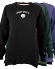 Black, green, and purple sweatshirts with 'Bowdoin' logo on a white background