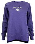 Purple sweatshirt with 'Bowdoin' text and logo on a white background