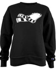 Black sweatshirt with a graphic design of a bear wearing a striped scarf on a white background