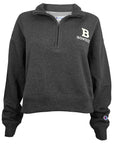A dark heather gray quarter-zip sweatshirt with an ivory 'B BOWDOIN' logo on the left chest and a small Champion logo on the right cuff, shown on a plain white background.