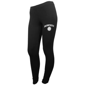 Women's black leggings with white arched BOWDOIN over mascot medallion imprint on left thigh.