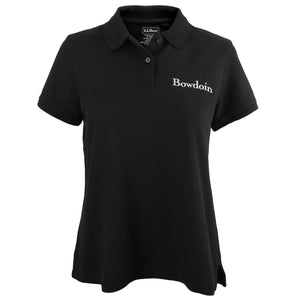 Women's cut black polo shirt with white BOWDOIN embroidered on left chest. 