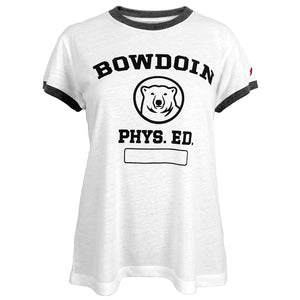 White T-shirt with charcoal trim on sleeves and collar. Black imprint of BOWDOIN arched over mascot medallion over PHYS. ED. over a blank rectangle.